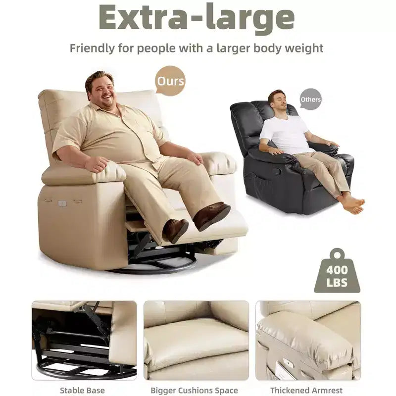 Poltrona reclinabile manuale in pelle PU oversize, Divano singolo con seduta profonda, braccioli e schienale, Tasca laterale, Comoda poltrona reclinabile per soggiorno