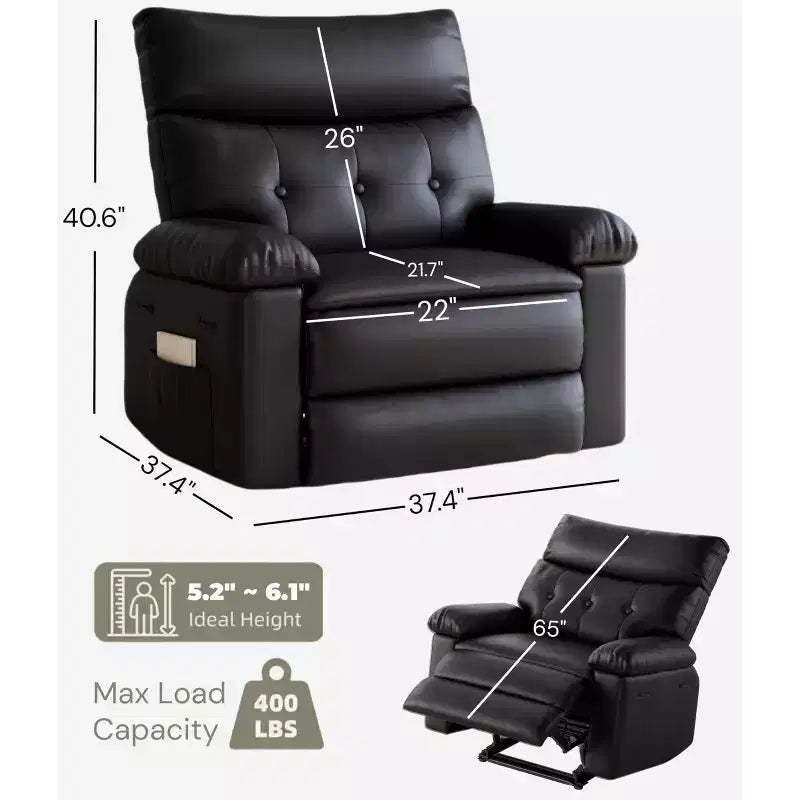 Poltrona reclinabile manuale in pelle PU oversize, Divano singolo con seduta profonda, braccioli e schienale, Tasca laterale, Comoda poltrona reclinabile per soggiorno