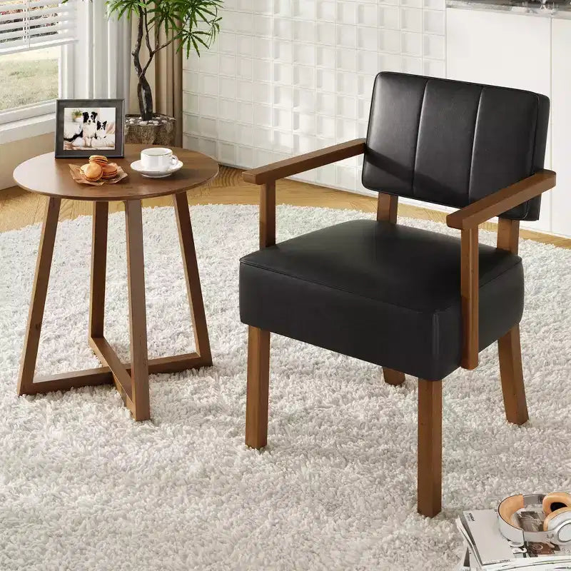 Coolmee Faux Leather Accent Chair, Mid-Century Modern Armchair with Classic Vertical Stripe, Reading Leisure Chair with Wood Frame for Living Room