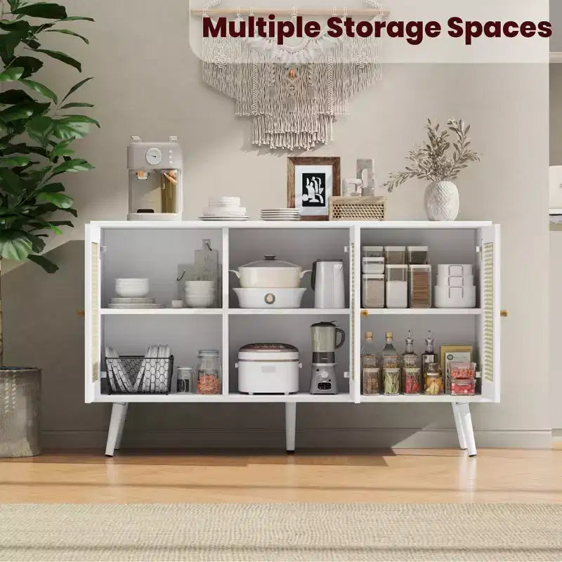 Set di 2 Madie/Credenze Moderne in Rattan, Mobile Contenitore da 120 cm Stile Farmhouse con Ripiani Regolabili, Mobile Bar