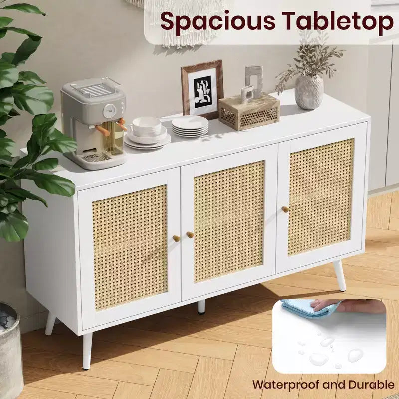 Set di 2 Madie/Credenze Moderne in Rattan, Mobile Contenitore da 120 cm Stile Farmhouse con Ripiani Regolabili, Mobile Bar