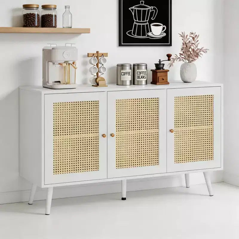 Set di 2 Madie/Credenze Moderne in Rattan, Mobile Contenitore da 120 cm Stile Farmhouse con Ripiani Regolabili, Mobile Bar