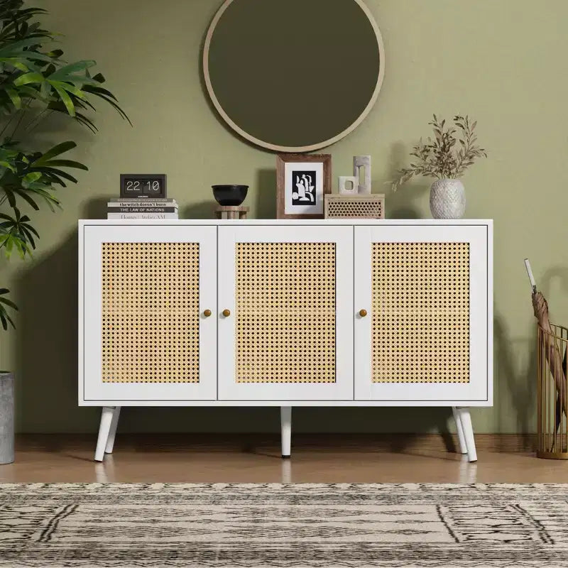 Set di 2 Madie/Credenze Moderne in Rattan, Mobile Contenitore da 120 cm Stile Farmhouse con Ripiani Regolabili, Mobile Bar