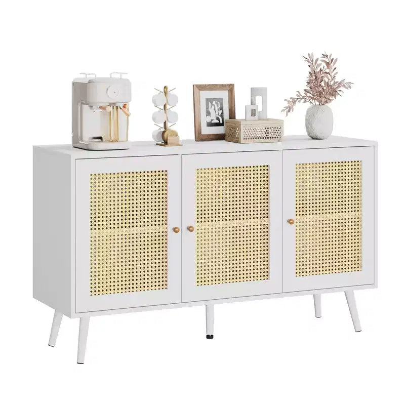 Set di 2 Madie/Credenze Moderne in Rattan, Mobile Contenitore da 120 cm Stile Farmhouse con Ripiani Regolabili, Mobile Bar