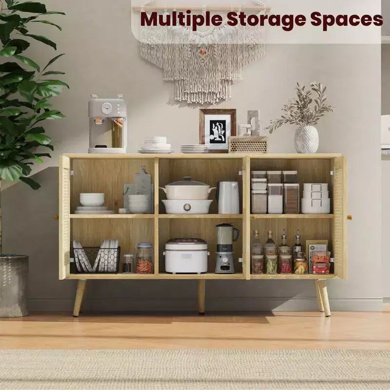 Set di 2 Madie/Credenze Moderne in Rattan, Mobile Contenitore da 120 cm Stile Farmhouse con Ripiani Regolabili, Mobile Bar