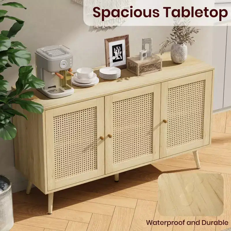Set di 2 Madie/Credenze Moderne in Rattan, Mobile Contenitore da 120 cm Stile Farmhouse con Ripiani Regolabili, Mobile Bar