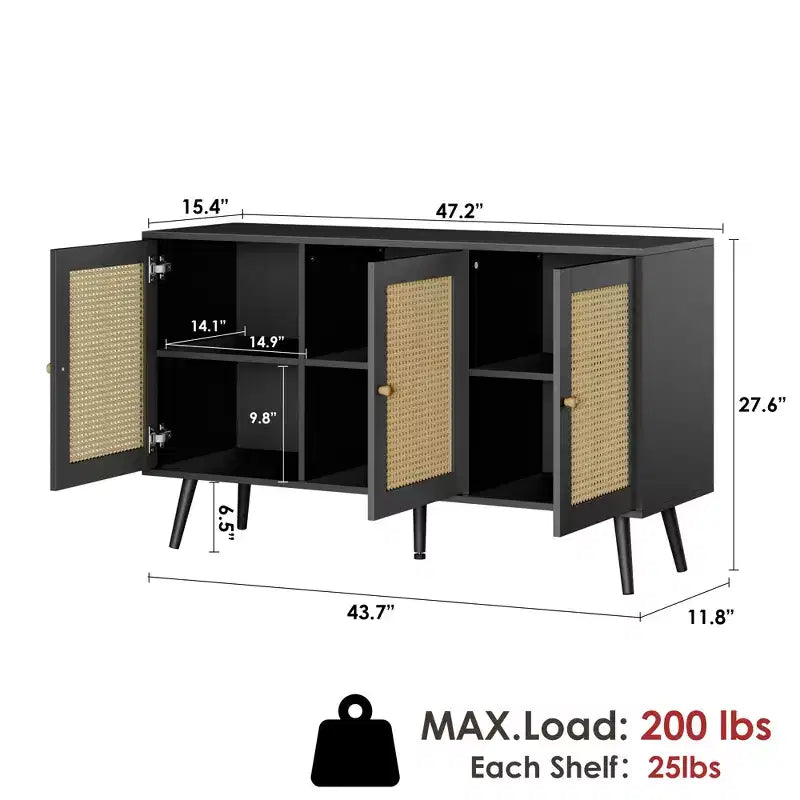 Set di 2 Madie/Credenze Moderne in Rattan, Mobile Contenitore da 120 cm Stile Farmhouse con Ripiani Regolabili, Mobile Bar
