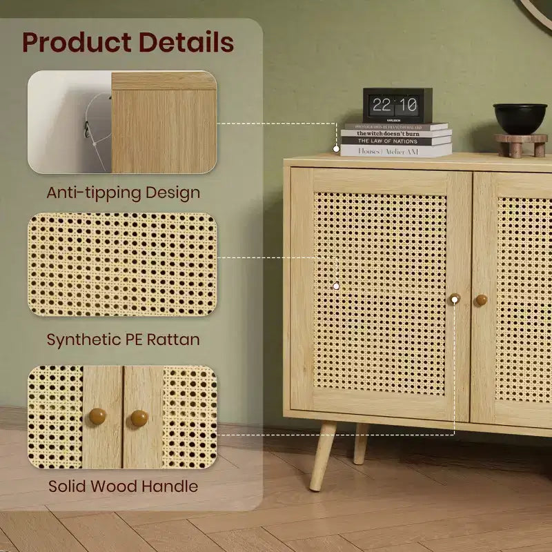 Set di 2 Madie/Credenze Moderne in Rattan, Mobile Contenitore da 120 cm Stile Farmhouse con Ripiani Regolabili, Mobile Bar