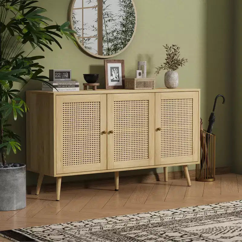 Set di 2 Madie/Credenze Moderne in Rattan, Mobile Contenitore da 120 cm Stile Farmhouse con Ripiani Regolabili, Mobile Bar