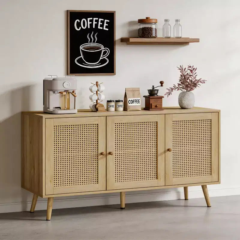 Set di 2 Madie/Credenze Moderne in Rattan, Mobile Contenitore da 120 cm Stile Farmhouse con Ripiani Regolabili, Mobile Bar
