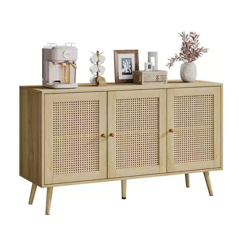 Set di 2 Madie/Credenze Moderne in Rattan, Mobile Contenitore da 120 cm Stile Farmhouse con Ripiani Regolabili, Mobile Bar