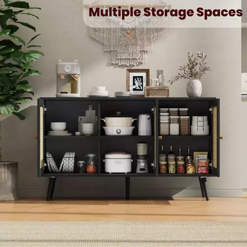 Set di 2 Madie/Credenze Moderne in Rattan, Mobile Contenitore da 120 cm Stile Farmhouse con Ripiani Regolabili, Mobile Bar