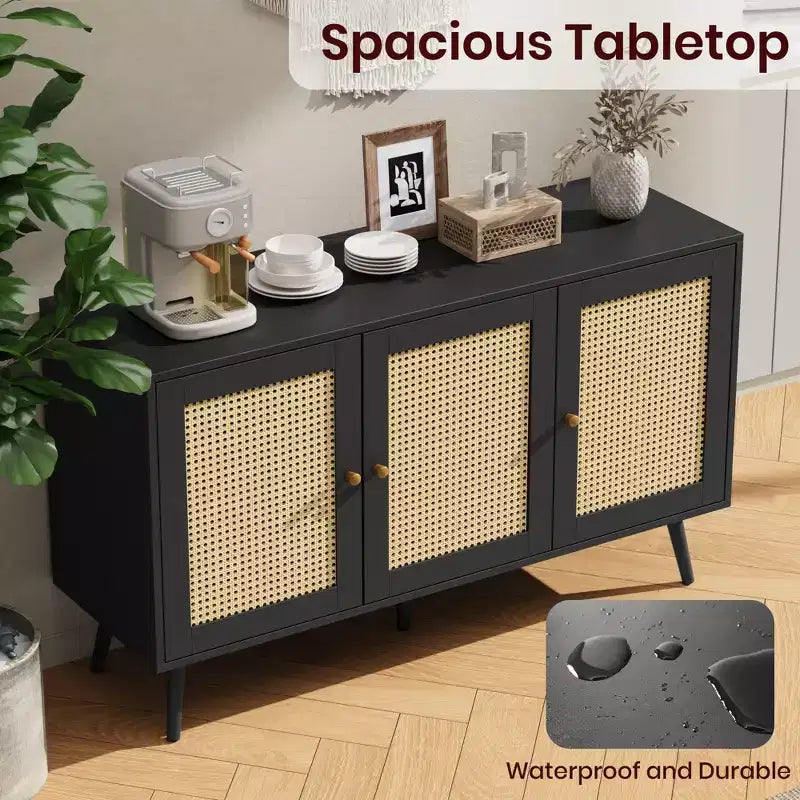 Set di 2 Madie/Credenze Moderne in Rattan, Mobile Contenitore da 120 cm Stile Farmhouse con Ripiani Regolabili, Mobile Bar