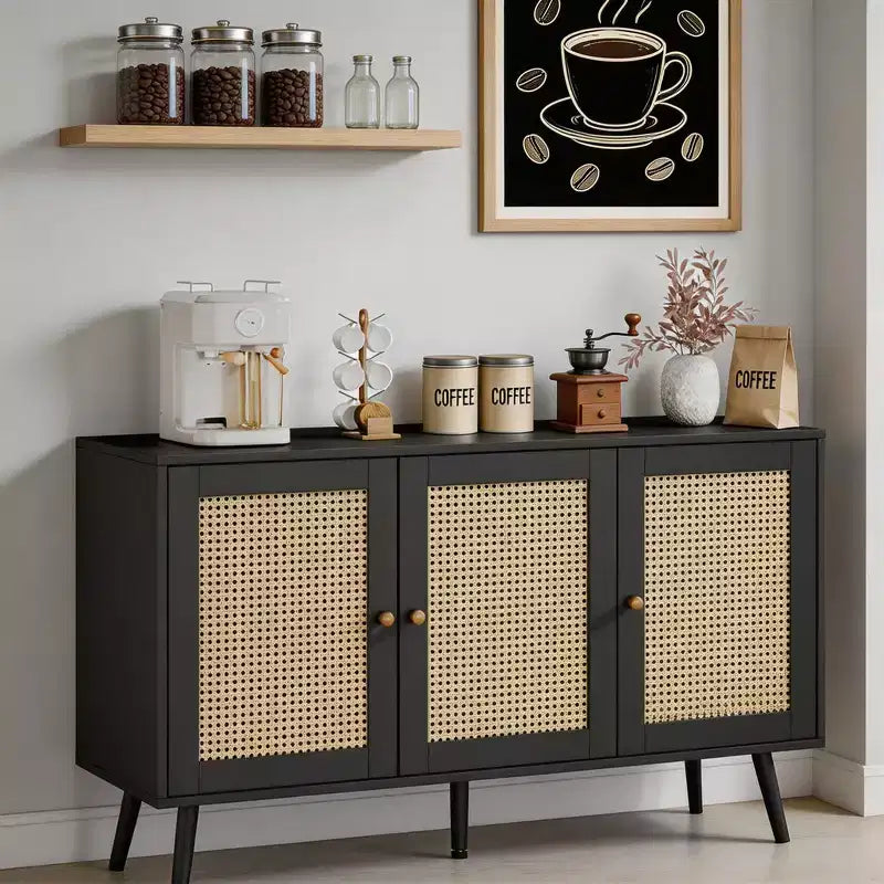 Set di 2 Madie/Credenze Moderne in Rattan, Mobile Contenitore da 120 cm Stile Farmhouse con Ripiani Regolabili, Mobile Bar