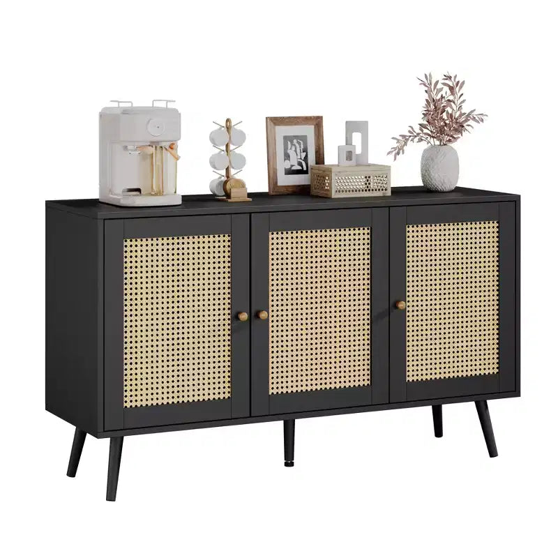 Set di 2 Madie/Credenze Moderne in Rattan, Mobile Contenitore da 120 cm Stile Farmhouse con Ripiani Regolabili, Mobile Bar