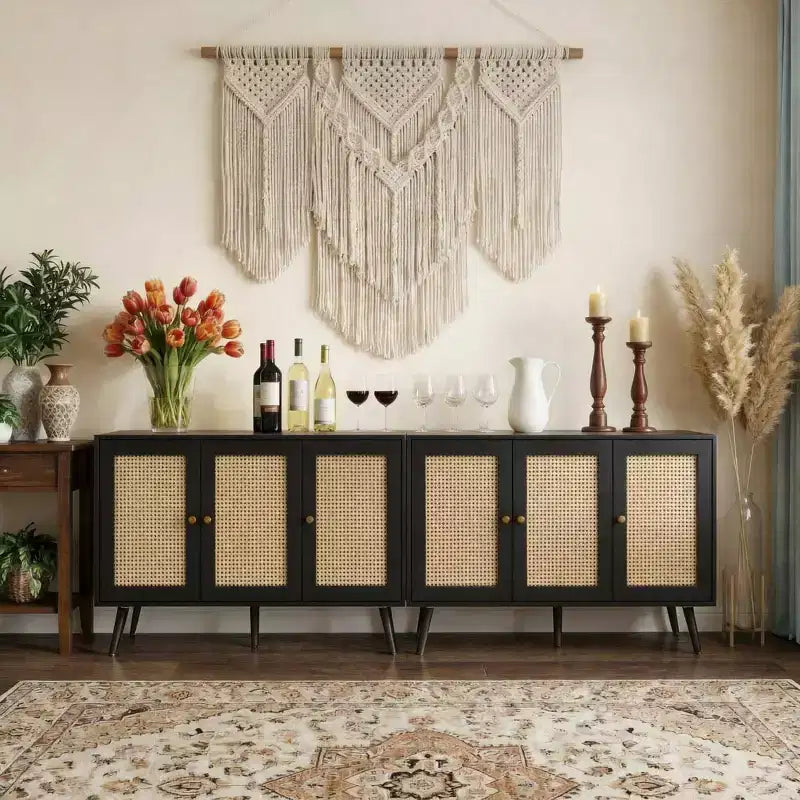 Set of 2 Modern Rattan Sideboard Buffet Cabinet  47.2 Farmhouse Credenza with Adjustable Shelves, Coffee Bar Storage Cabinet