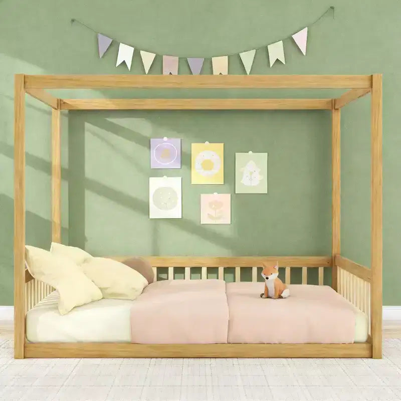 Luxystar Letto a Terra a Baldacchino in Legno con Recinzione
