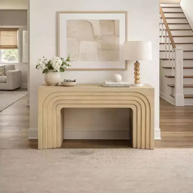 Royal Hampton Console Sofa Table, 53 Inch Sculpted Arch, Light Beige Mango Wood
