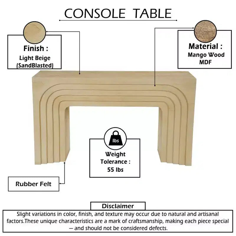 Tavolo Consolle Divano Royal Hampton, 53 Pollici, Arco Scolpito, Legno di Mango Beige Chiaro