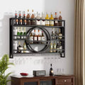 Bekrvio 3-Tier Wall Mounted Wine Rack, 39in/47in Metal Floating Bar Shelves with Wine Glass Holder, Industrial Liquor Shelf for Home Bar