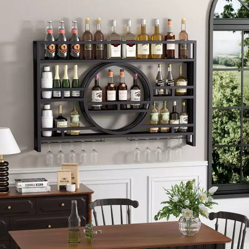 Portabottiglie da Parete a 3 Livelli in Metallo Nero con Portabicchieri, 39" / 47", 1 Pezzo