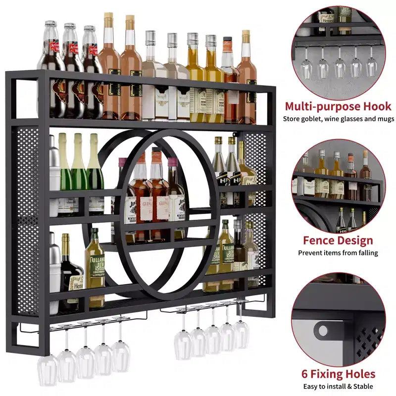 Portabottiglie da Parete a 3 Livelli in Metallo Nero con Portabicchieri, 39" / 47", 1 Pezzo