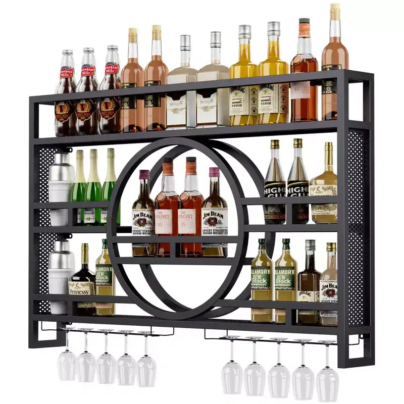 Portabottiglie da Parete a 3 Livelli in Metallo Nero con Portabicchieri, 39" / 47", 1 Pezzo