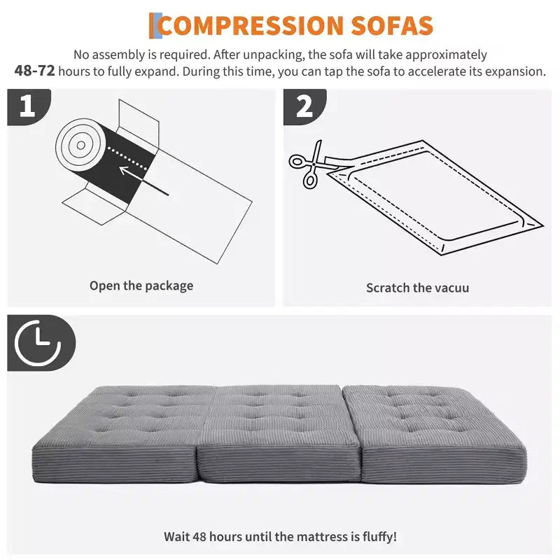 Divano letto a tre ante nero/grigio/verde, materasso tufted da 15 cm, 1 persona