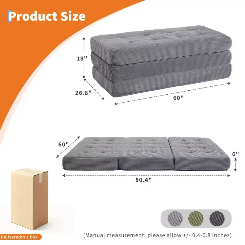Divano letto a tre ante nero/grigio/verde, materasso tufted da 15 cm, 1 persona