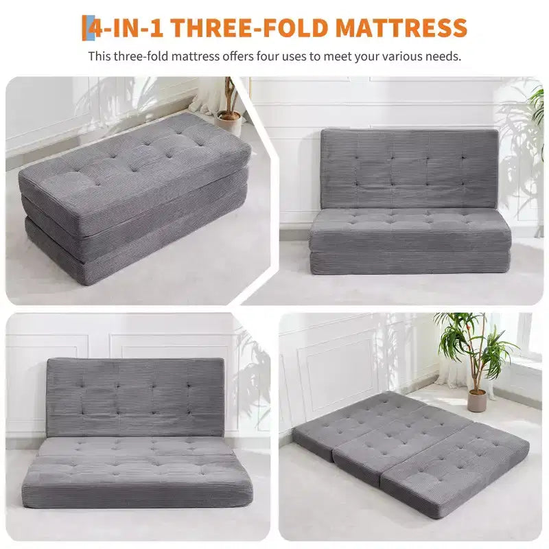 Divano letto a tre ante nero/grigio/verde, materasso tufted da 15 cm, 1 persona