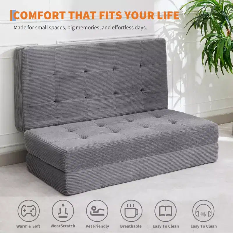 Divano letto a tre ante nero/grigio/verde, materasso tufted da 15 cm, 1 persona