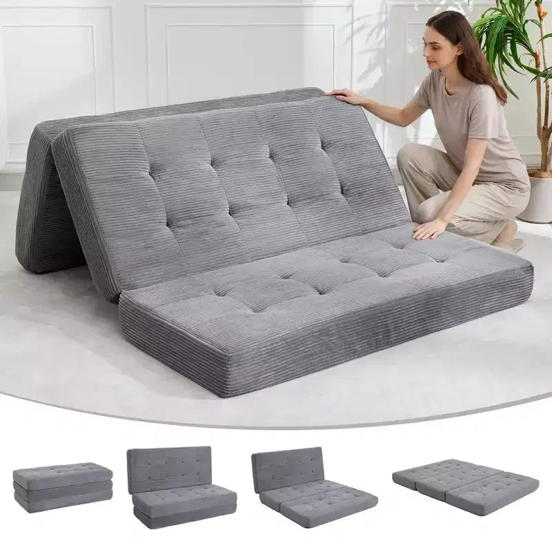 Divano letto a tre ante nero/grigio/verde, materasso tufted da 15 cm, 1 persona