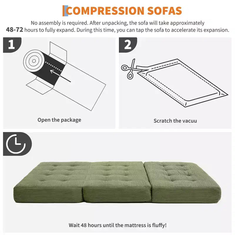 Divano letto a tre ante nero/grigio/verde, materasso tufted da 15 cm, 1 persona