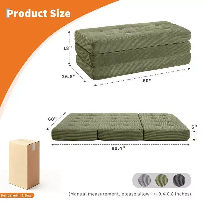 Divano letto a tre ante nero/grigio/verde, materasso tufted da 15 cm, 1 persona