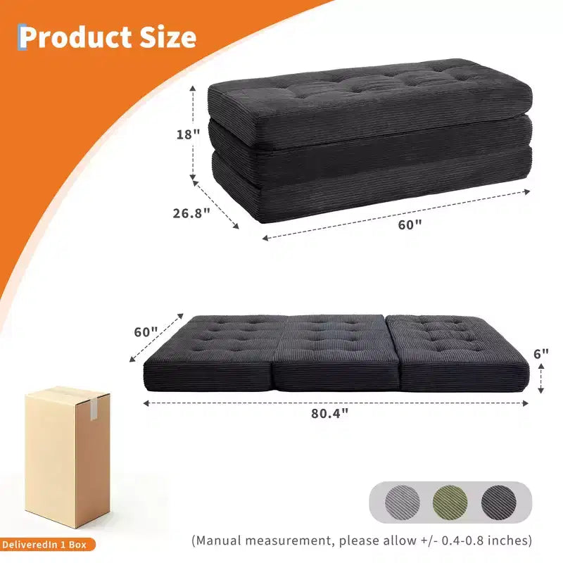 Divano letto a tre ante nero/grigio/verde, materasso tufted da 15 cm, 1 persona