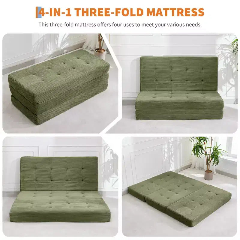 Divano letto a tre ante nero/grigio/verde, materasso tufted da 15 cm, 1 persona