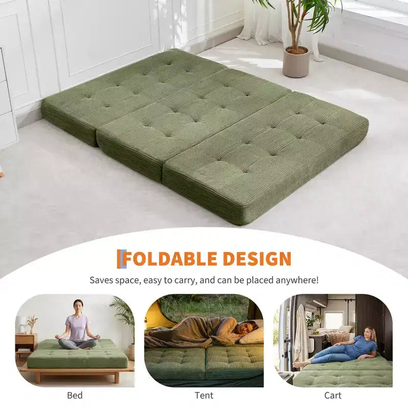 Divano letto a tre ante nero/grigio/verde, materasso tufted da 15 cm, 1 persona