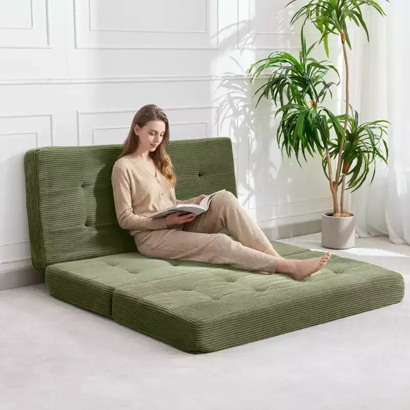 Divano letto a tre ante nero/grigio/verde, materasso tufted da 15 cm, 1 persona