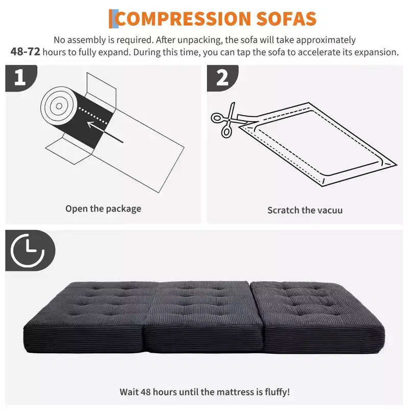 Divano letto a tre ante nero/grigio/verde, materasso tufted da 15 cm, 1 persona