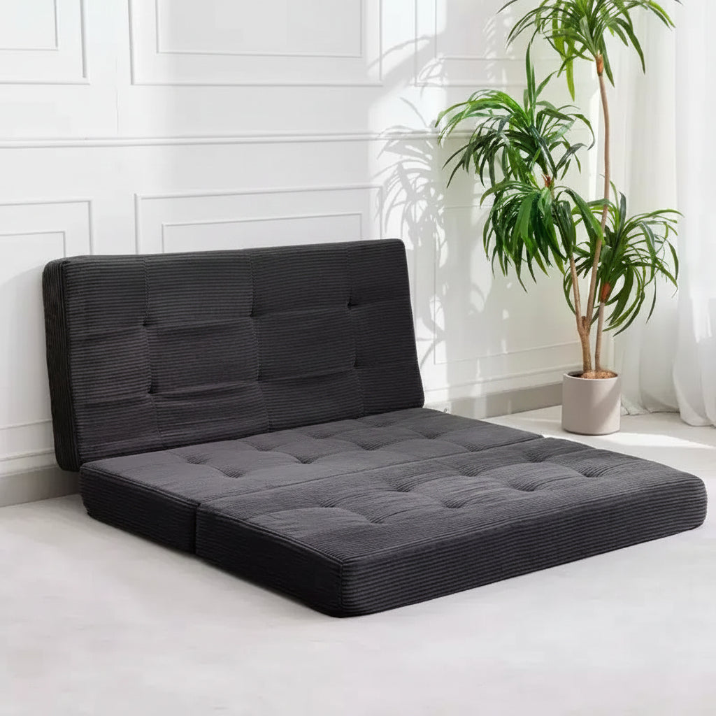 Divano letto a tre ante nero/grigio/verde, materasso tufted da 15 cm, 1 persona