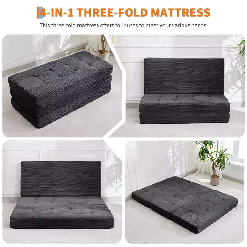 Divano letto a tre ante nero/grigio/verde, materasso tufted da 15 cm, 1 persona