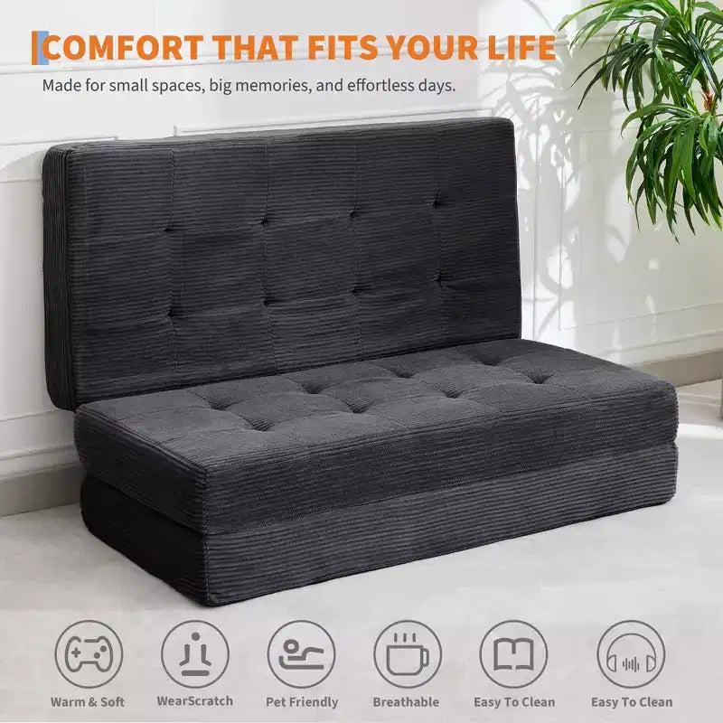 Divano letto a tre ante nero/grigio/verde, materasso tufted da 15 cm, 1 persona