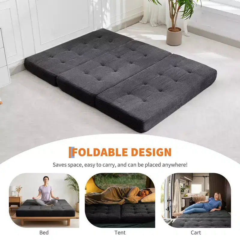 Divano letto a tre ante nero/grigio/verde, materasso tufted da 15 cm, 1 persona