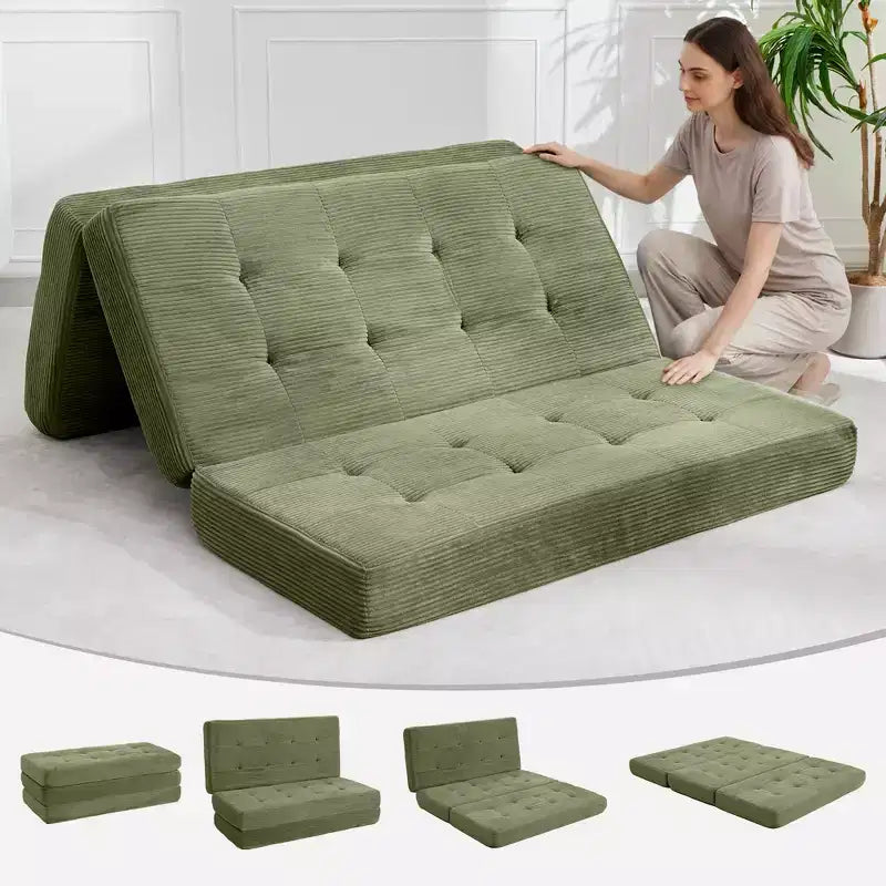 Divano letto a tre ante nero/grigio/verde, materasso tufted da 15 cm, 1 persona