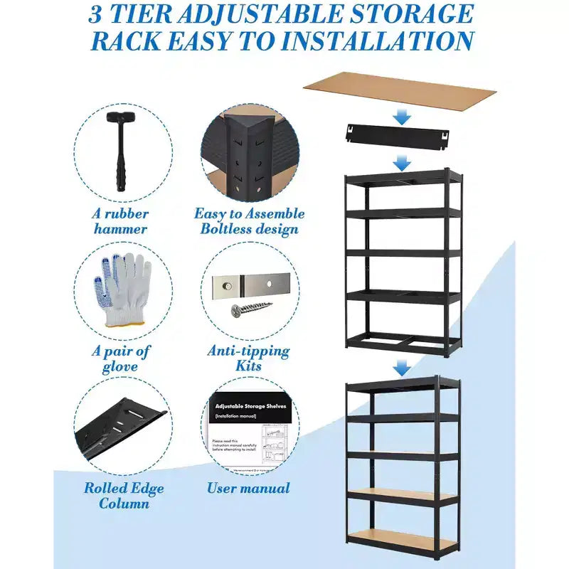 Scaffale Metallico Regolabile a 5 Ripiani Argento/Nero – 91,44 cm L x 45,72 cm P x 182,88 cm H