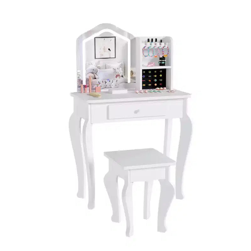 Set toeletta per bambini rosa/bianco con sgabello e cassetto, 1 bambino, legno MDF