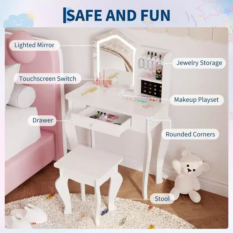 Set toeletta per bambini rosa/bianco con sgabello e cassetto, 1 bambino, legno MDF