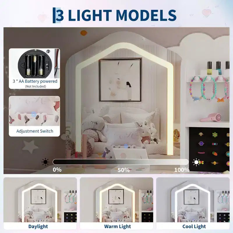 Set toeletta per bambini rosa/bianco con sgabello e cassetto, 1 bambino, legno MDF