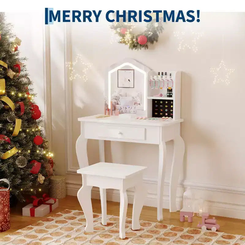 Set toeletta per bambini rosa/bianco con sgabello e cassetto, 1 bambino, legno MDF