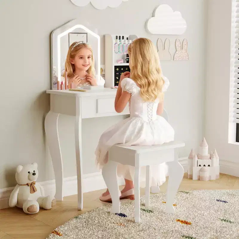 Set toeletta per bambini rosa/bianco con sgabello e cassetto, 1 bambino, legno MDF